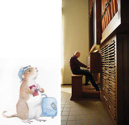 cartoon mole looks longingly at a pipe organ